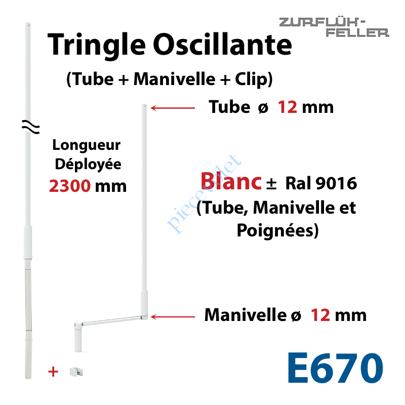 E670 Tringle Oscillante Lg 2300 Blanche avec  Manivelle