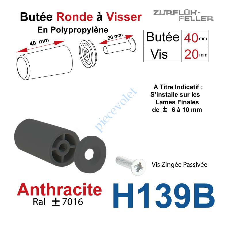 H139B Butée Ronde Coloris Gris Anthracite à Visser sur Lame Finale Longueur 40 mm Avec Rondelle et Vis Zinguée Lg 20mm