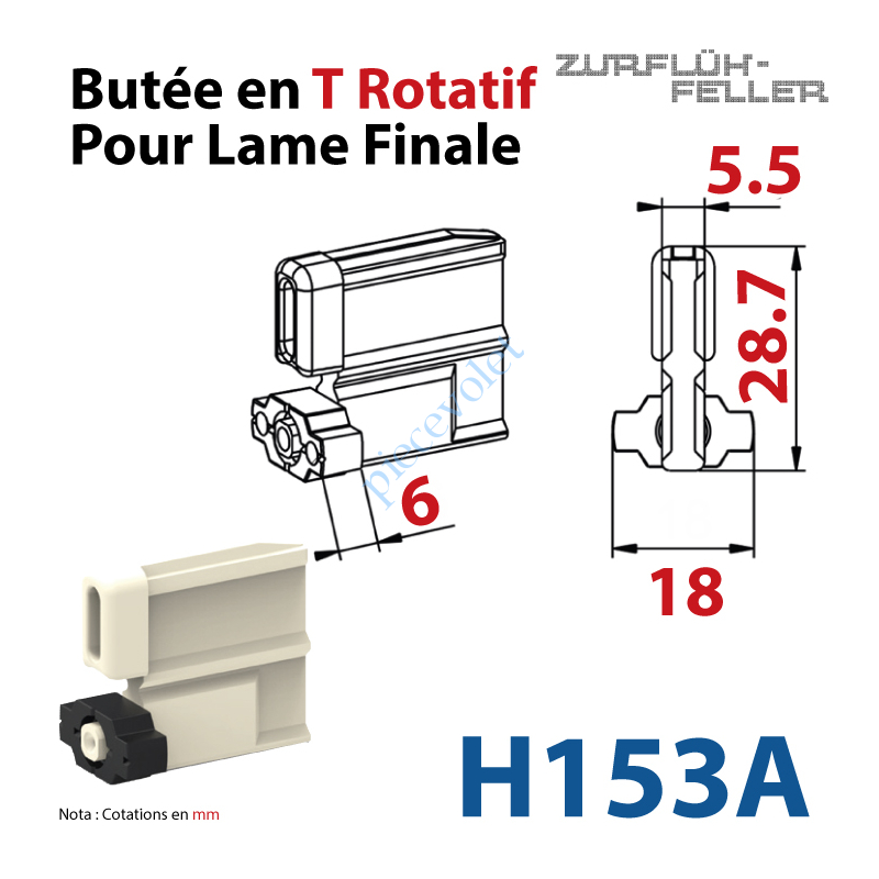 H153A Embout - Butée en T Rotatif de Lame Finale de 5,5 mm Epaisseur x 28,7 mm de Haut