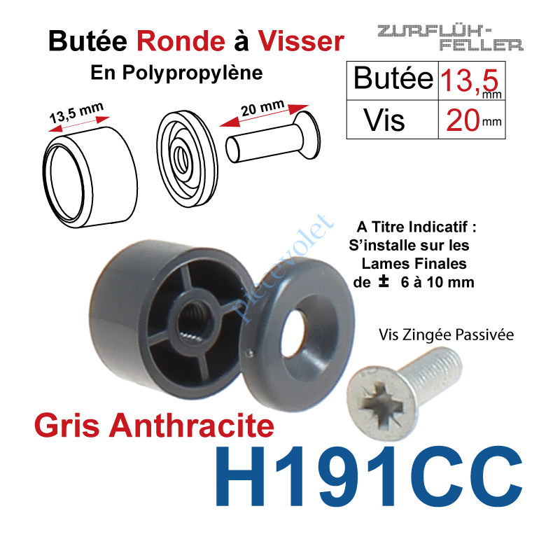 H191CC Butée Ronde Coloris Gris Anthracite à Visser sur Lame Finale Longueur 13,5 mm Avec Rondelle et Vis Zinguée Lg 20mm
