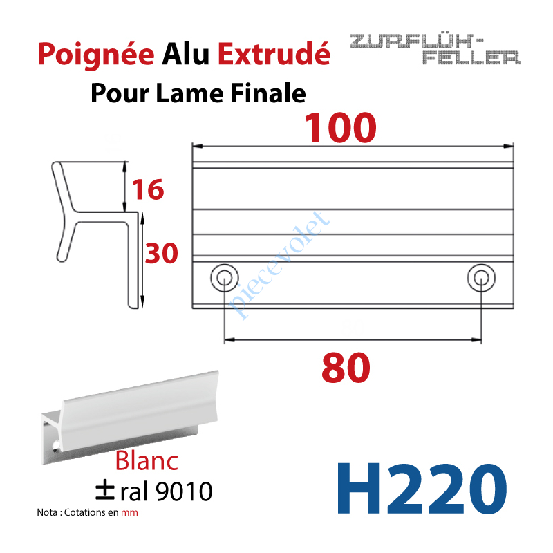 H220 Poignée Alu Extrudé Ep 3 pr Lame Finale