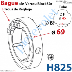 H825 Bague de Verrou Automatique Blocksûr pr tube ZF 45 ø Ext 69 mm Av 1 Vis 4,2x12,7