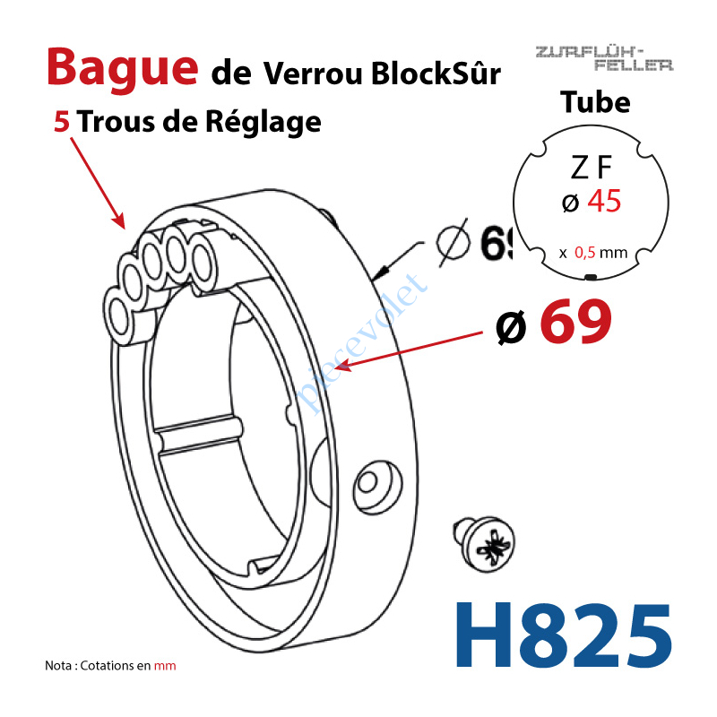 H825 Bague de Verrou Automatique Blocksûr pr tube ZF 45 ø Ext 69 mm Av 1 Vis 4,2x12,7