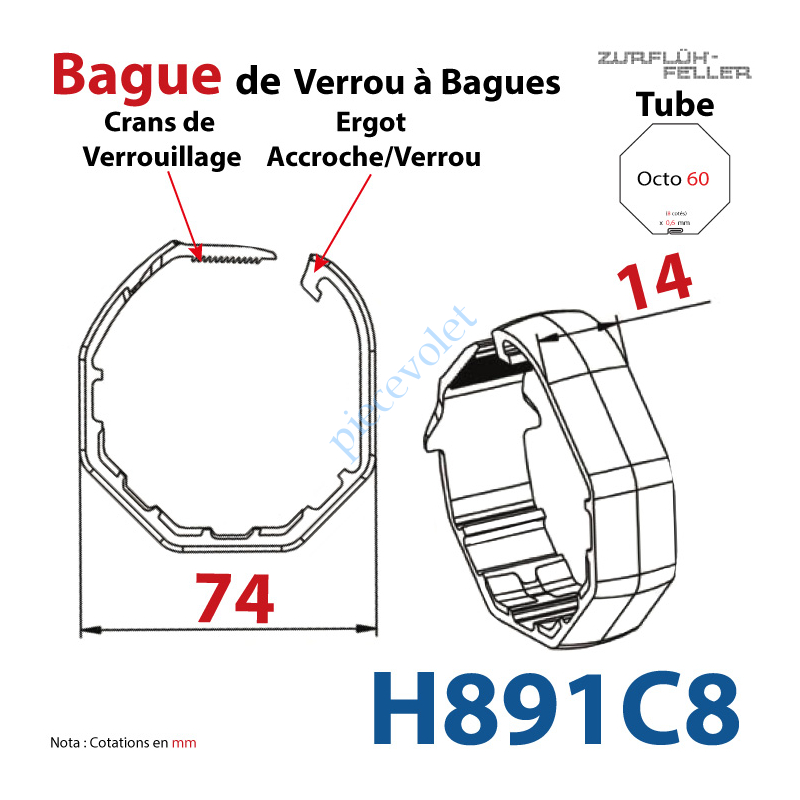 H891C8 Bague de Verrou Automatique à Bagues Zf pour tube Octo 60 diamètre Extérieur 74 mm Largeur 14 mm