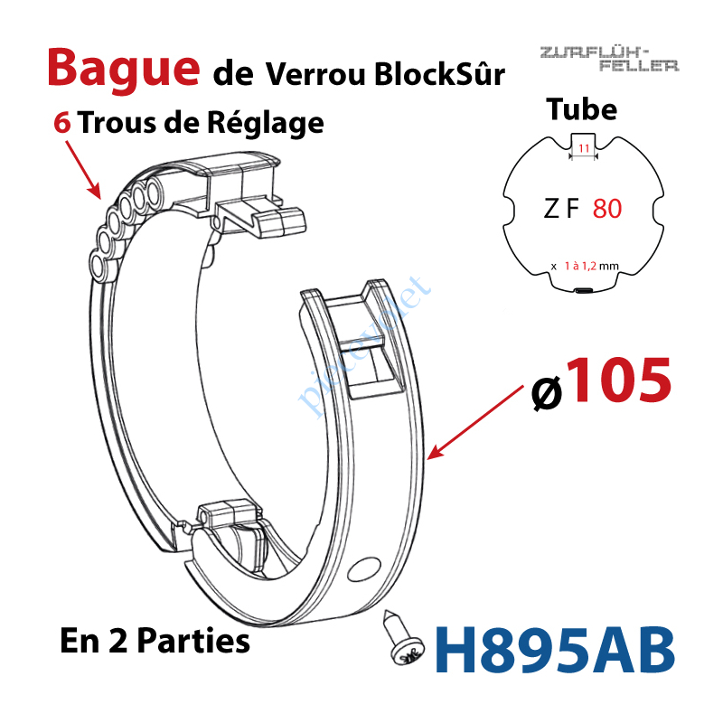 H895AB Bague en 2 Parties de Verrou Automatique Blocksûr Renforcé pour tube ZF 80 ø Ext 105 mm Avec 1 Vis 4,2x12,7