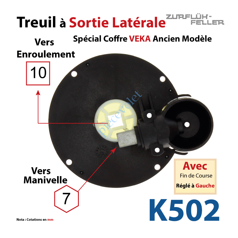 K502 Treuil à Sortie Latérale Ent Hexa 7 Fem Sort Carré 10 Fem Ep 16 mm Veka