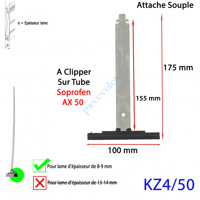 KZ4/50 Attache Tablier Noire Lg 155 mm à Clipper sur Tube Soprofen AX50 pour Lame 8-9 mm d'épaisseur