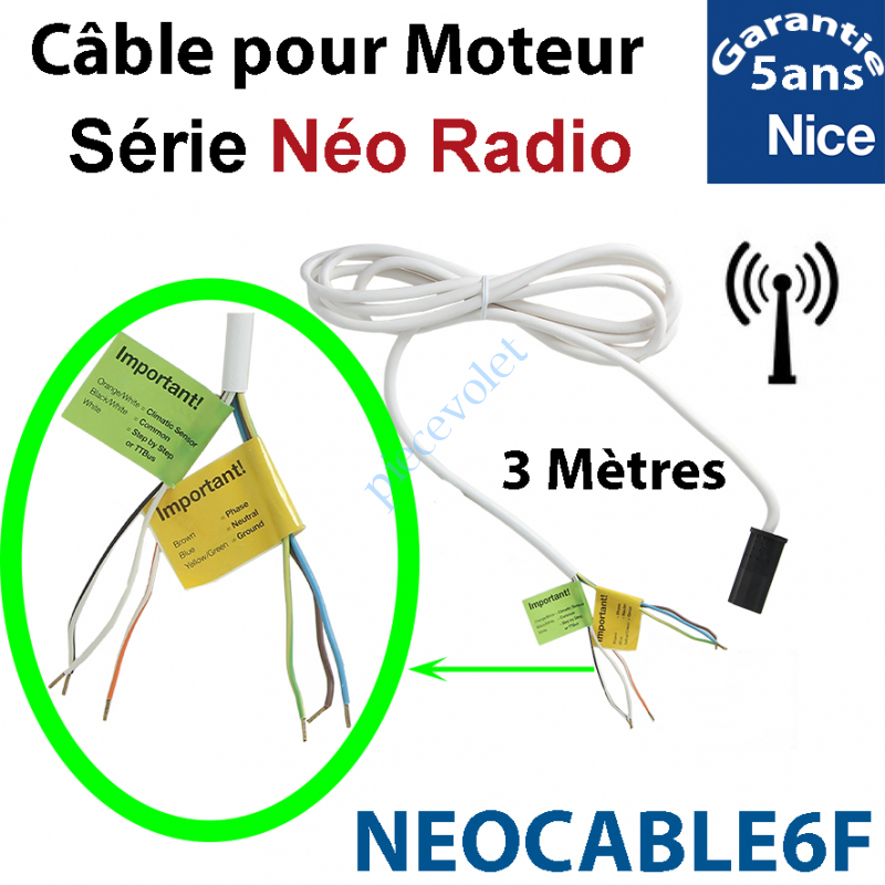 NEOCABLE6F Câble H05VVF Blanc 6 x 0.75 mm² lg 3,00 m Avec Prise Noire pour Moteur Nice Série Néo Radio