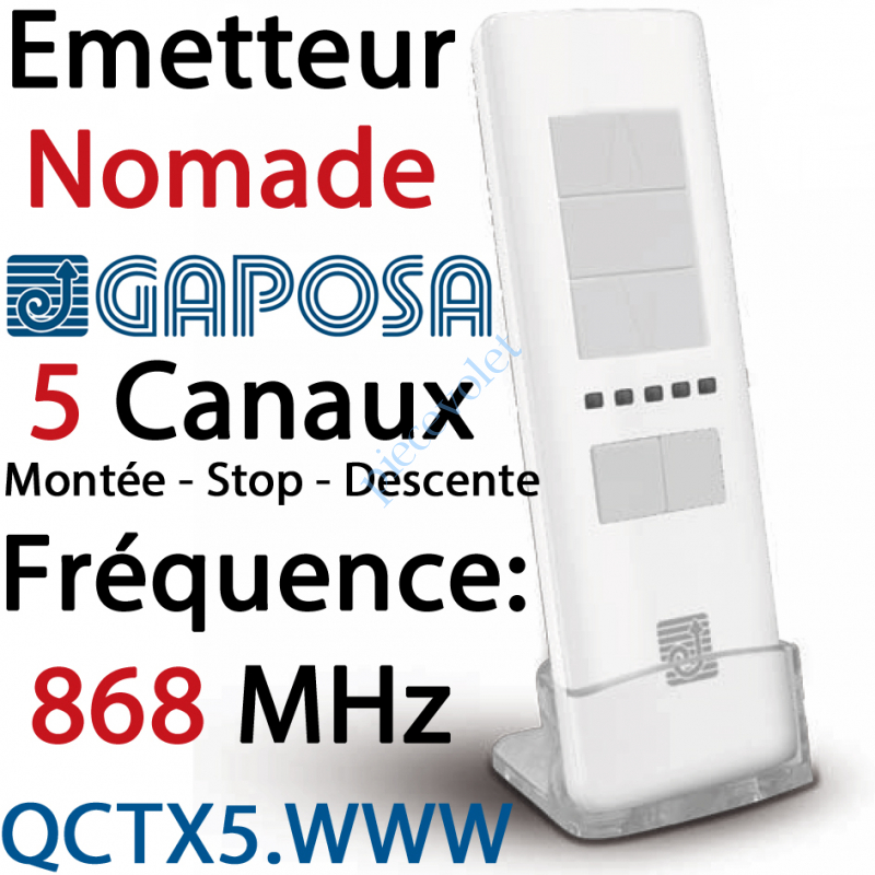 QCTX5.WWW Emetteur Nomade Gaposa 868 MHz 5 Canaux 4 Fonctions Coloris Blanc