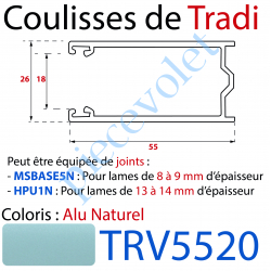 TRV5520 Coulisse de Tradi 55 x 26 x 55 Fond en V Sans Joint en Aluminium Laqué Alu Naturel Alcan 20