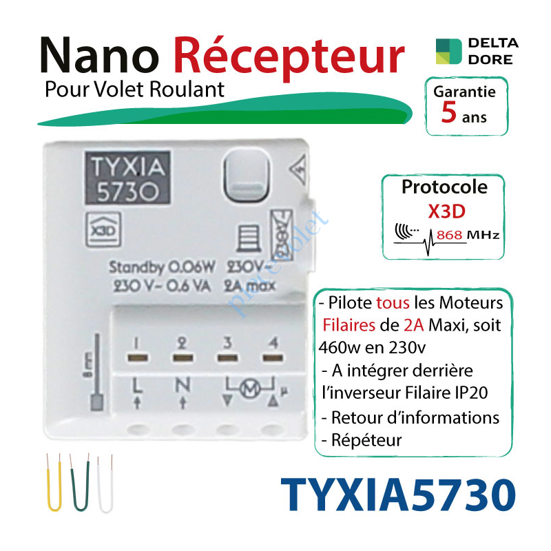 TYXIA5730 Nano Récepteur Delta Dore Radio X3D pour Moteur de Volet Roulant Maxi: 2A à intégrer derrière l'inverseur Filaire ip20