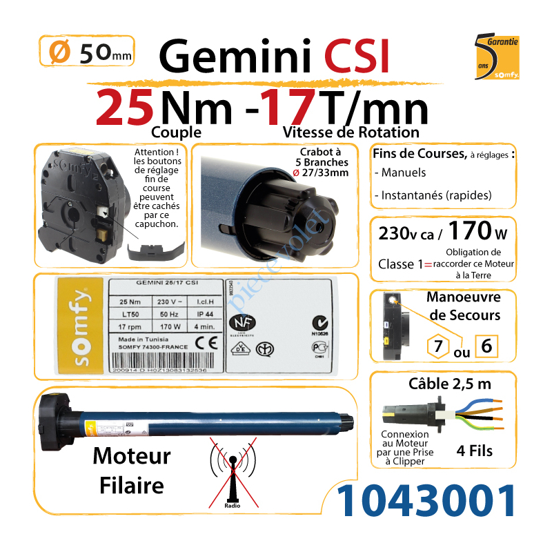 Somfy Moteur pour volet roulant SOMFY GEMINI 25Nm avec commande de secours 