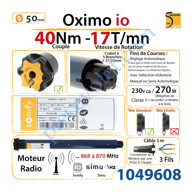 Somfy 1049608 Moteur Somfy Oximo io 40/17 LT 50