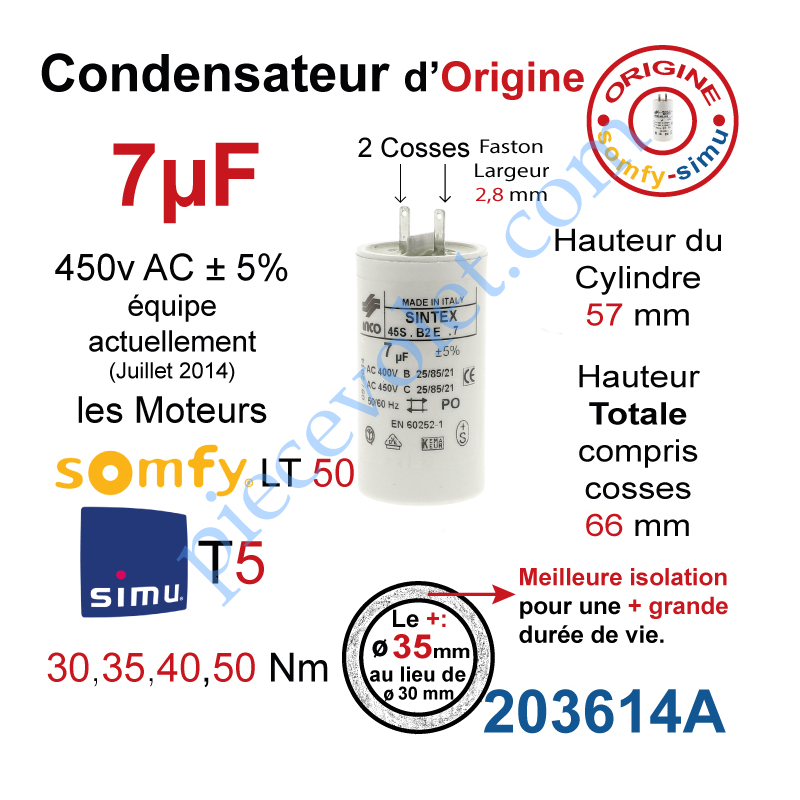 Condensateur 7µF Pour Moteur De Volet Roulant 35 Nm – Cosses 2,8 Mm, Marque DUCATI, Neuf