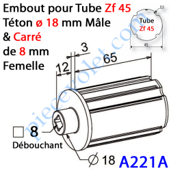 Embout Zf 45 Téton ø 18 mm Mâle Alésé en Carré de 8 mm...