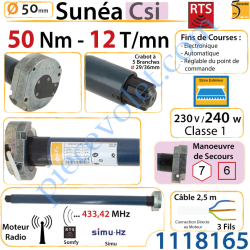 Moteur Sunéa 50 Csi 50/12 Rts Avec Mds Hexa 7 & Carré 6 mm