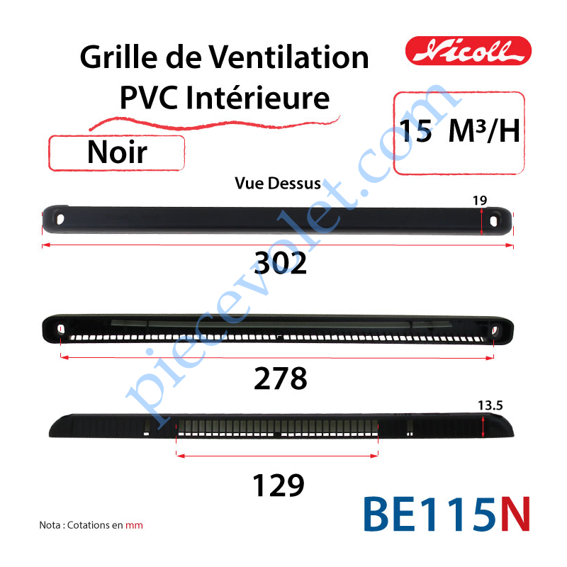 Renson BE115N Grille de Ventilation PVC Intérieure 15 m³/h Auto Réglable  Nicoll 302 x 19 x 13.5 Coloris Noir