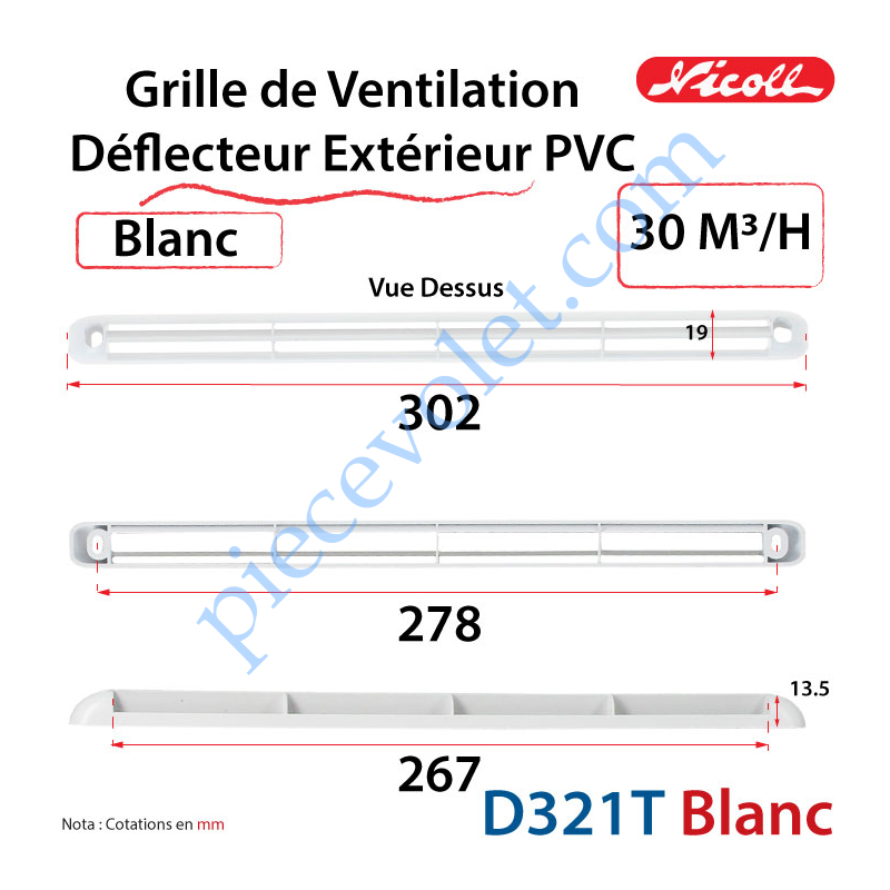 Renson D321T Grille de Ventilation - Déflecteur PVC Extérieur 30 m³/h  Nicoll 302 x 19 x 13.5 Coloris Blanc