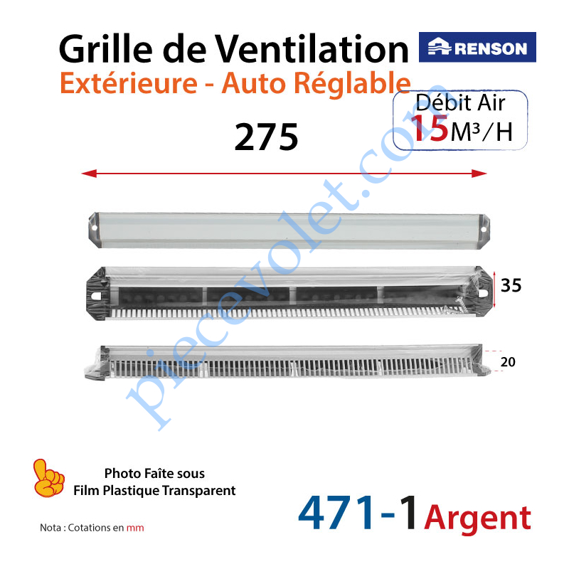 Renson 471-1ARGENT Grille de Ventilation Extérieure 15 m³/h Auto Réglable  Renson 275 x 35 Coloris Argent